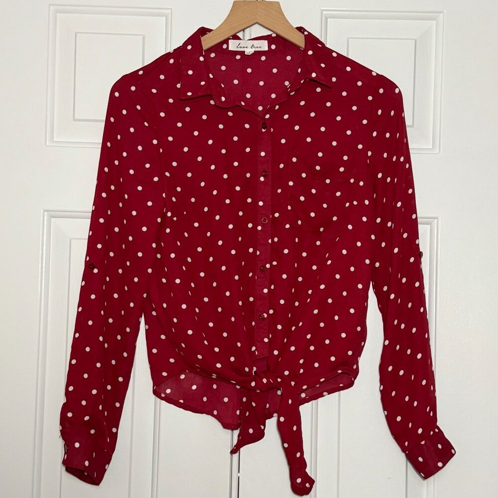 Retro Style Love Tree Red Polka Dot Tie Front Button Down Blouse Size S